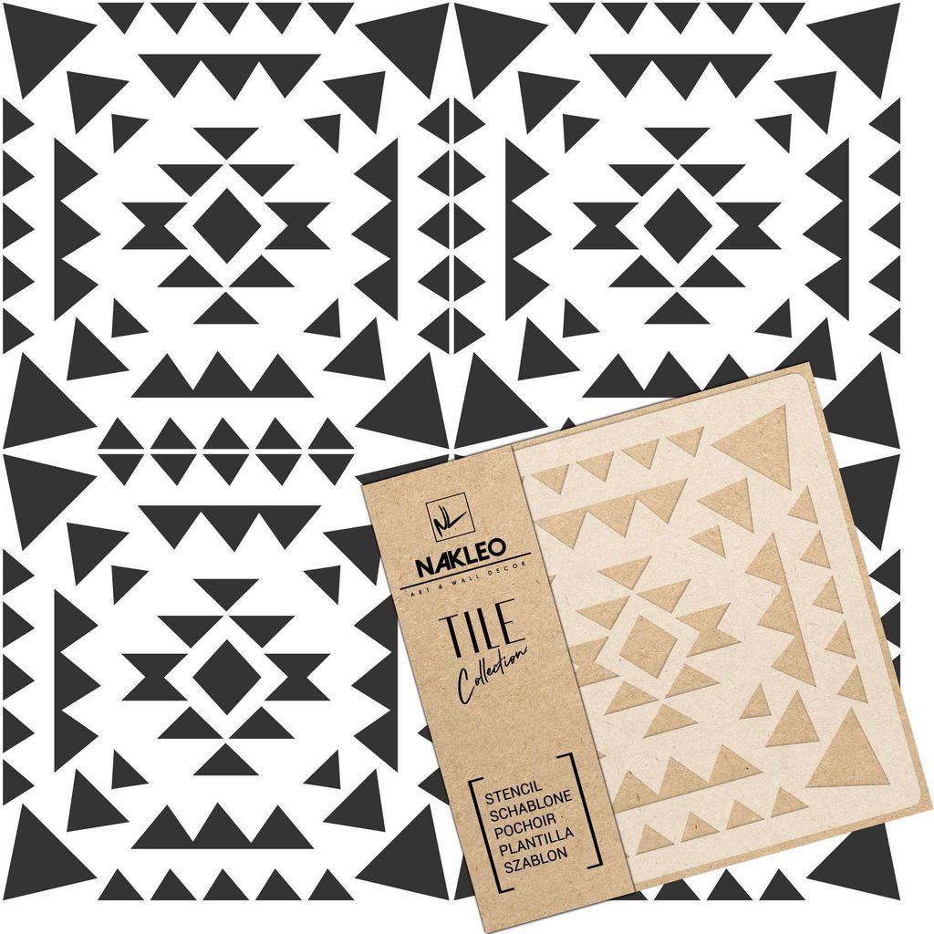 Tile Fliesen Schablone zum Malen 10x10 cm, Azteca Ethnic Triangle Geometrisch, Kunststoff Wiederverwendbare Bodenschablone DIY