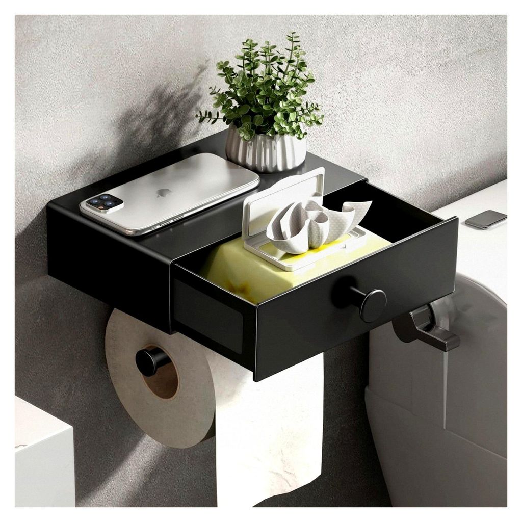 Toilettenpapierhalter ohne Bohren mit Feuchttücherbox und Schublade für WC und Bad (Matt-Schwarz)
