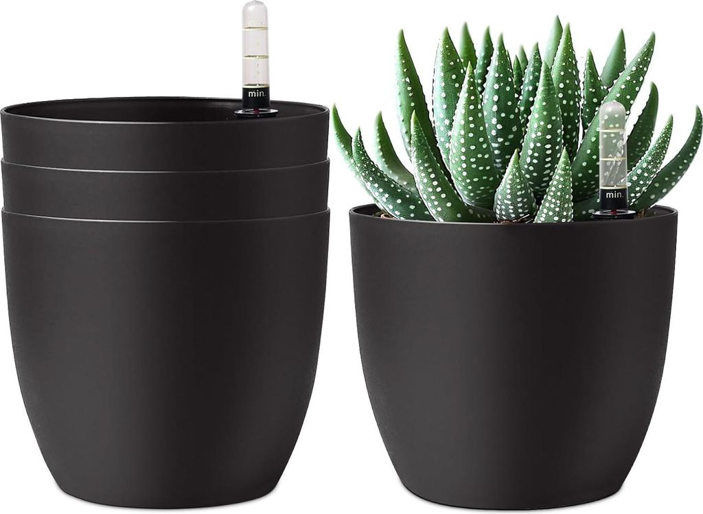 Selbstbewässernder Blumentopf 15 cm mit Wasserindikator - schwarz - Set von 4 - Wasserreservoir - Pflanzgefäß für drinnen und draußen