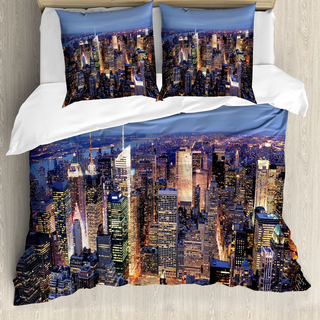 ABAKUHAUS Landschaft Bettbezugs Set Für Doppelbetten, Luftaufnahme von NYC, Milbensicher Allergiker geeignet mit Kissenbezügen, Mehrfarbig Blau t...