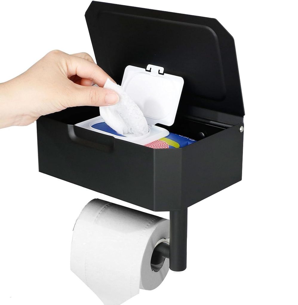 Toilettenpapierhalter ohne Bohren,Klopapierhalter mit Feuchttücherbox,Wandmontierter WC Rollenhalter aus Edelstahl für Küche und Bad,Schwarz