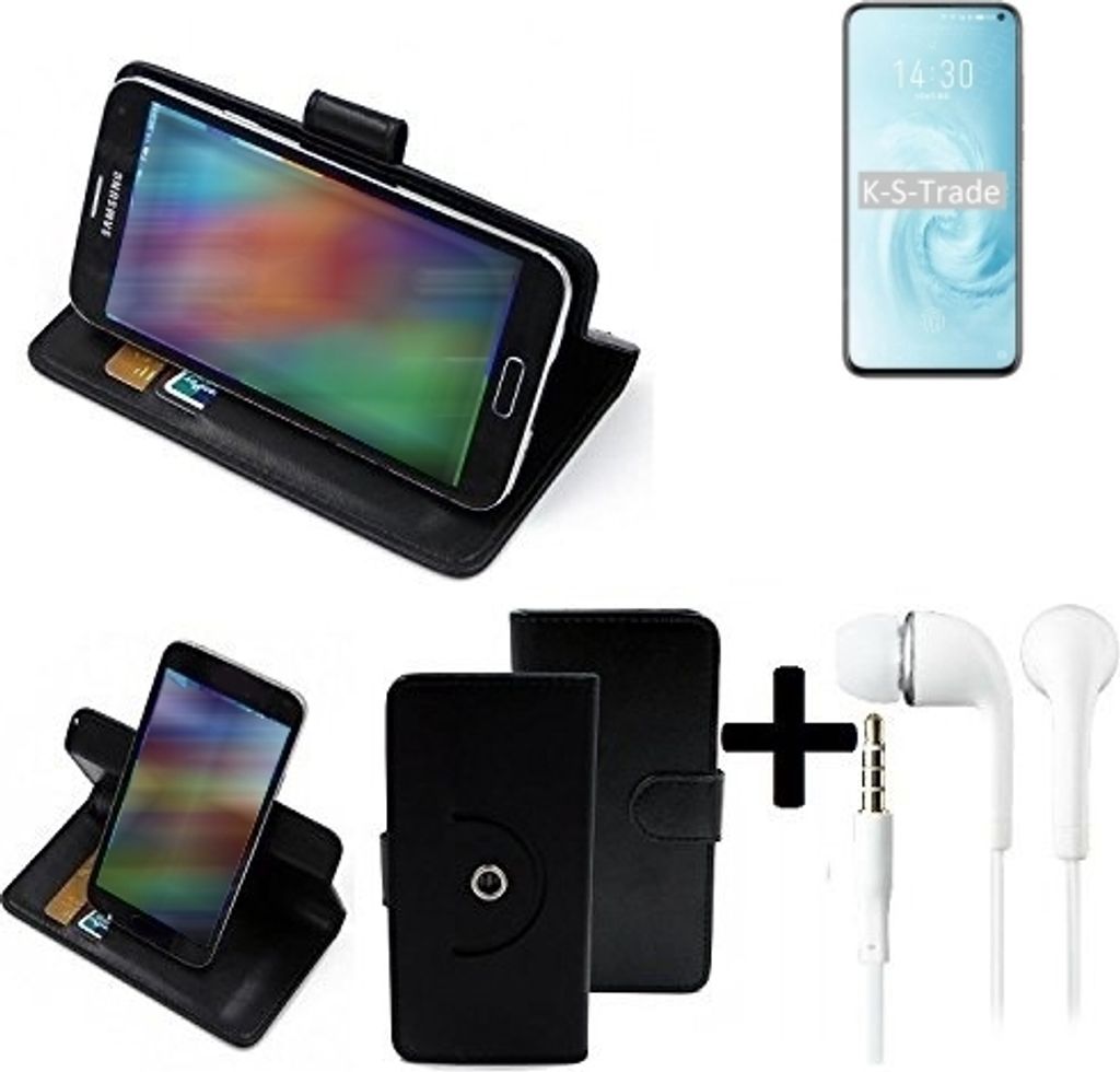 K-S-Trade Handy Hülle Schutz Hülle + Kopfhörer kompatibel mit Meizu 17 Handyhülle Flipcase Smartphone Cover Handy Schutz Tasche Walletcase schwarz