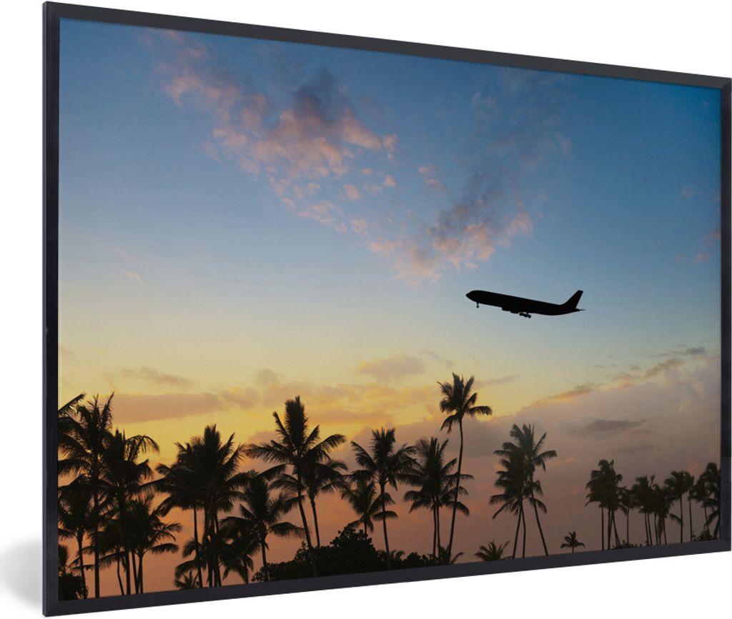 MuchoWow Gerahmtes Poster Silhouette eines Flugzeugs über den Palmen 90x60 cm - Poster mit Schwarzem Bilderrahmen Wandposter Rahmen Foto Bilder ...