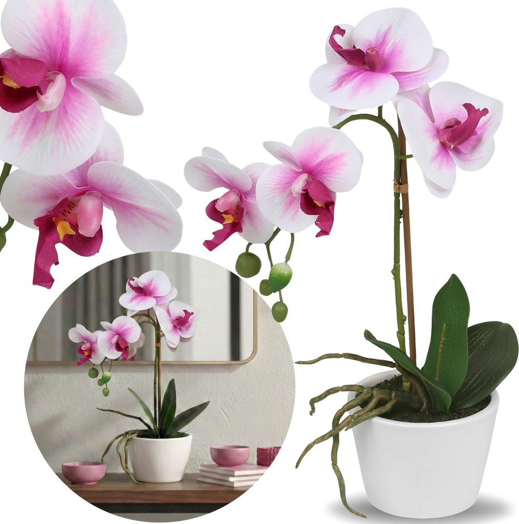 Künstliche weiß-rosafarbene Orchidee im Topf, täuschend echt, dekorative Premium-Blume, 30 cm