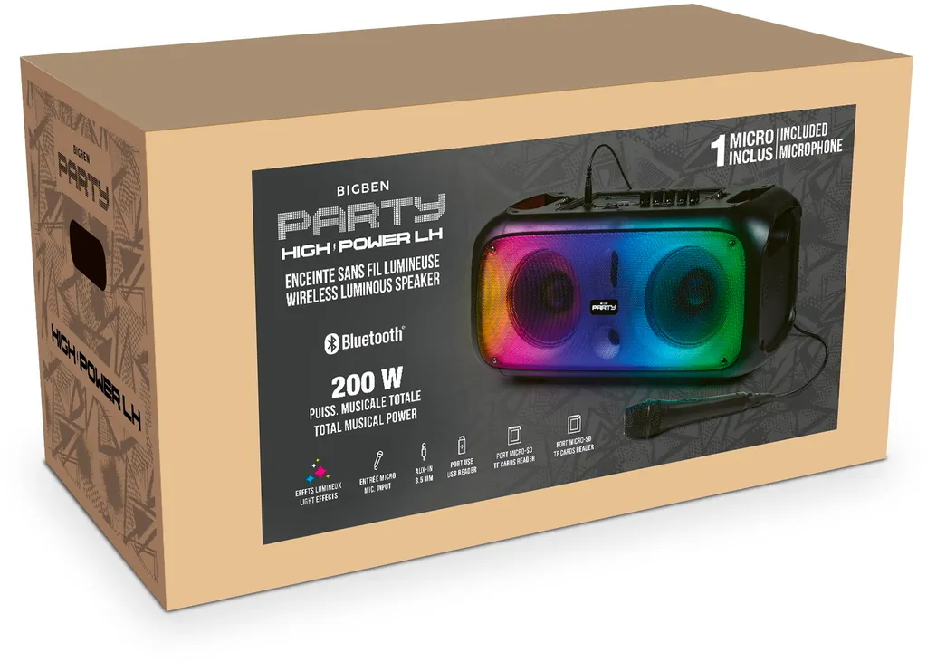 BigBen Interactive PARTYBTHPLH - Altoparlante Bluetooth potente, senza fili, luminoso, prese USB, MicroSD, AUX-IN, equalizzatore, potenza musicale 200W - 4