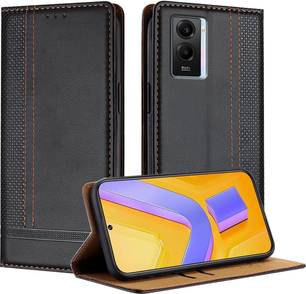 Handyhülle für Vivo Y55 5G/Y75 5G/Y30 5G Leder Flip Klappbare Schutzhülle mit Standfunktion Schwarz