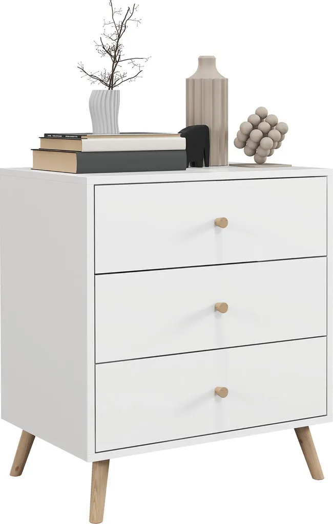 Commode 3 tiroirs pour chambre ou salon - Meuble scandinave blanc et bois