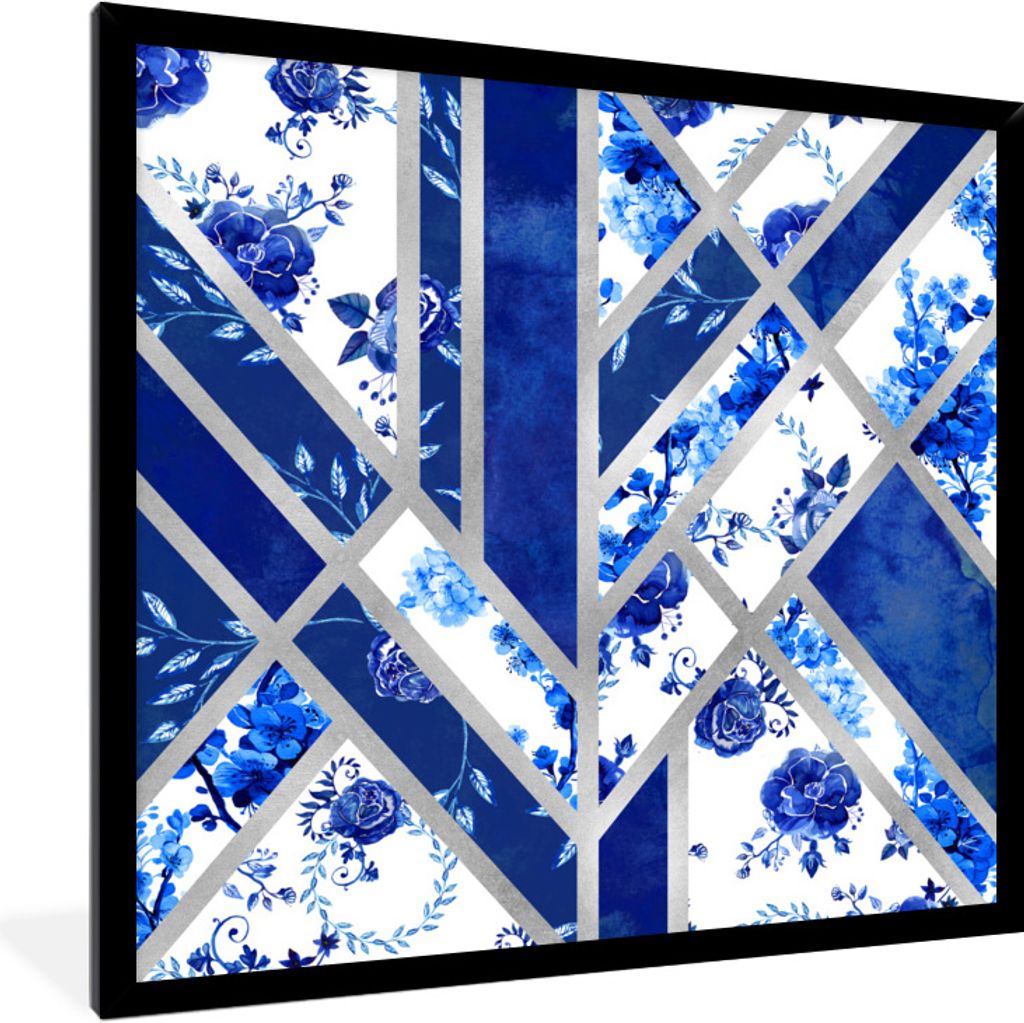 MuchoWow Gerahmtes Poster Delfter Blau - Muster - Abstrakt 40x40 cm - Poster mit Schwarzem Bilderrahmen Wandposter Rahmen Foto Bilder - Mit Rahme...