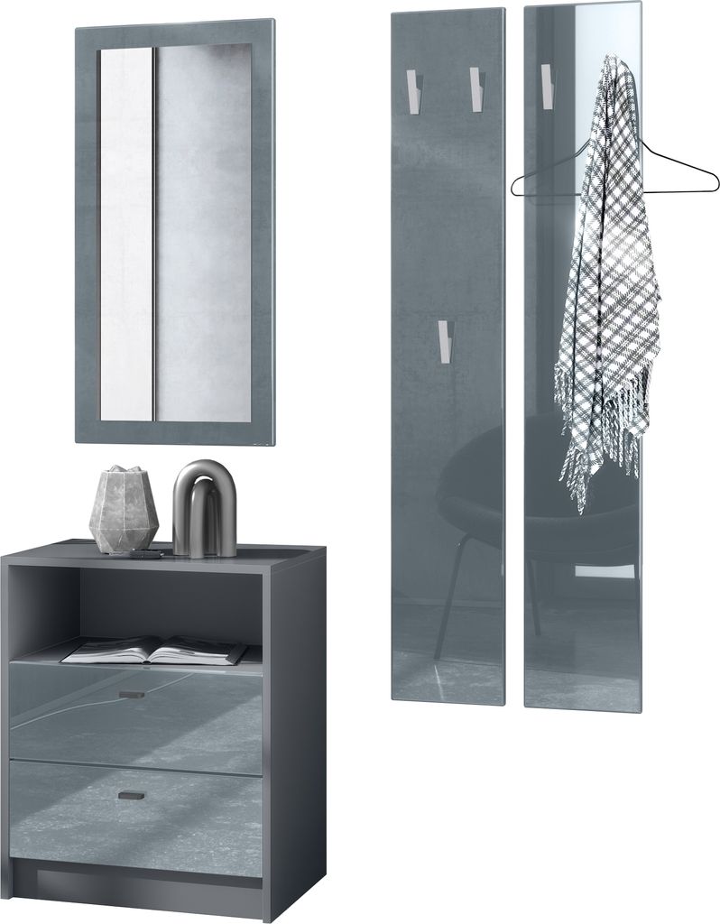 Vladon Garderobe Pino V1, Germany, Garderobenset bestehend aus 1 Kommode, 1 Wandspiegel und 2 Garderobenpaneele, Anthrazit matt/Grau Hochglanz (ca....