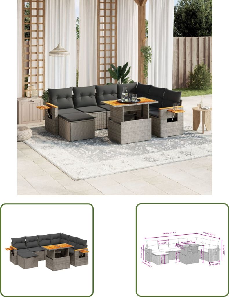 The Living Store 8-tlg. Garten-Sofagarnitur mit Kissen Grau Poly Rattan