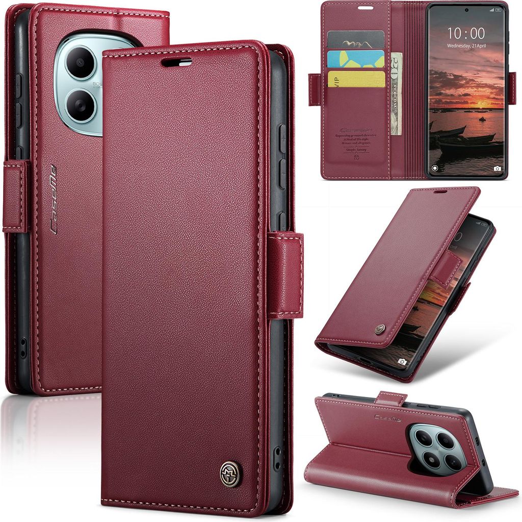 Lederhülle für Xiaomi Redmi Note 15 5G/4G Brieftasche Kartenfach Schutzhülle mit Standfunktion Rot