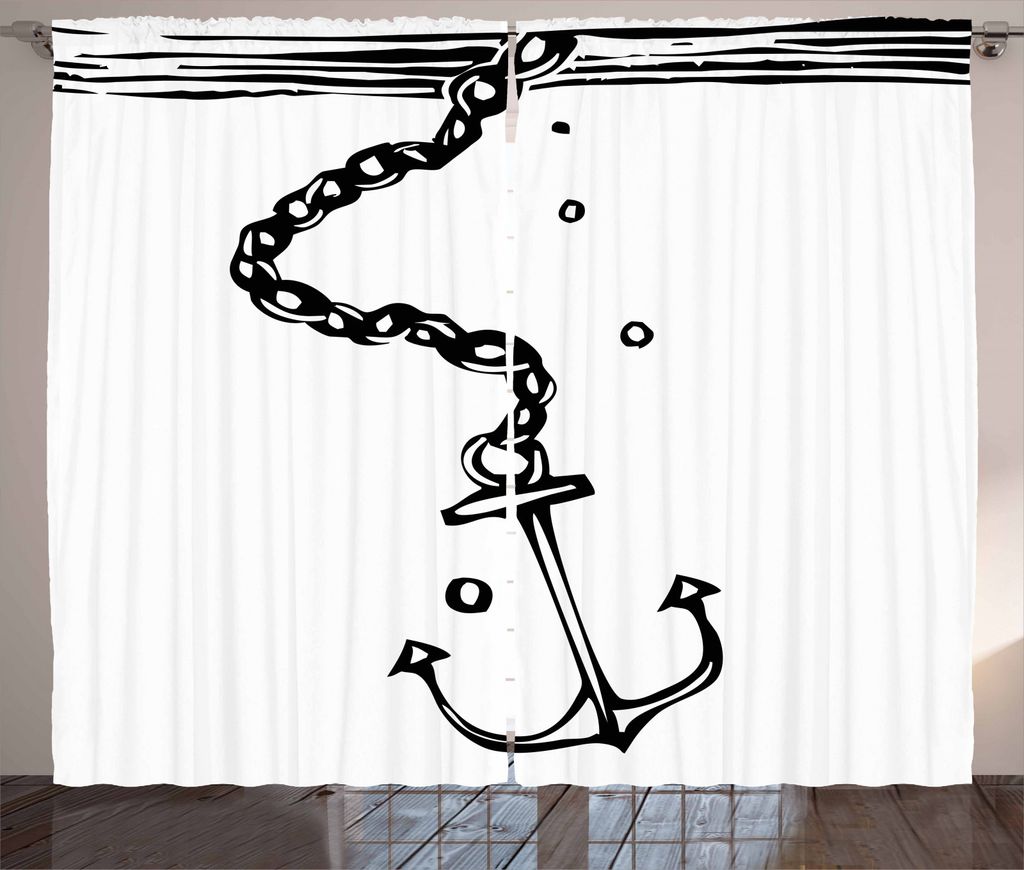 ABAKUHAUS Anker Rustikaler Vorhang, Nautical Bild Ketten, Wohnzimmer Universalband Gardinen mit Schlaufen und Haken, 280 x 245 cm, Schwarz und weiß