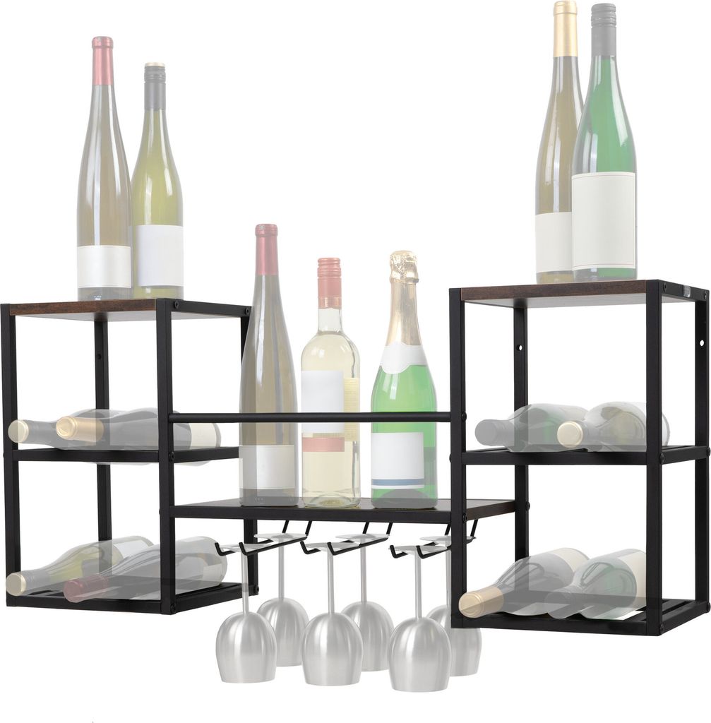 Two wall-mounted wine racks are shown, one on the left and one on the right, filled with wine bottles and wine glasses.