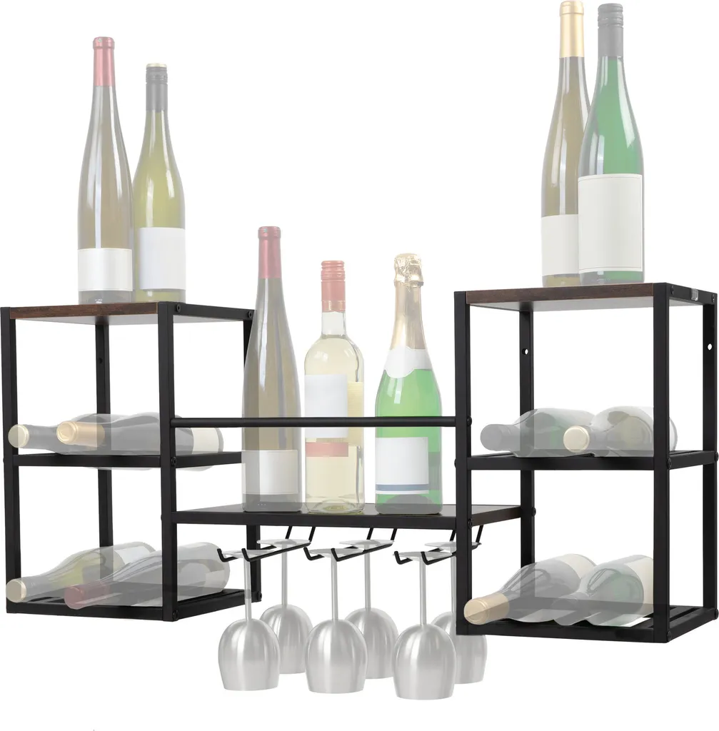 Zelsius Casier à vin mural et support verres en métal noir pour 6 bouteilles