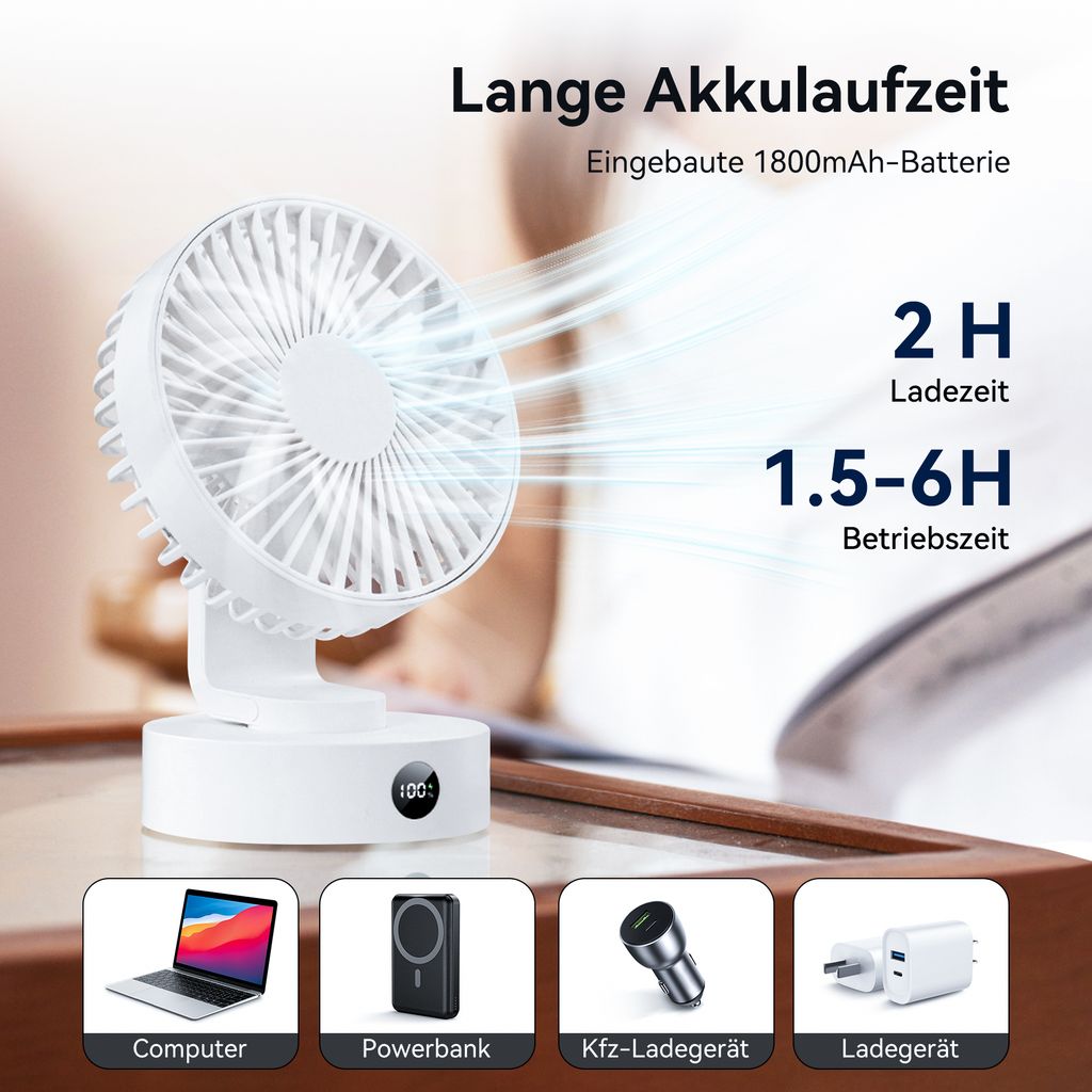 Tischventilator Batterie USB Ventilator 1800Akku Klein Produktbild 6