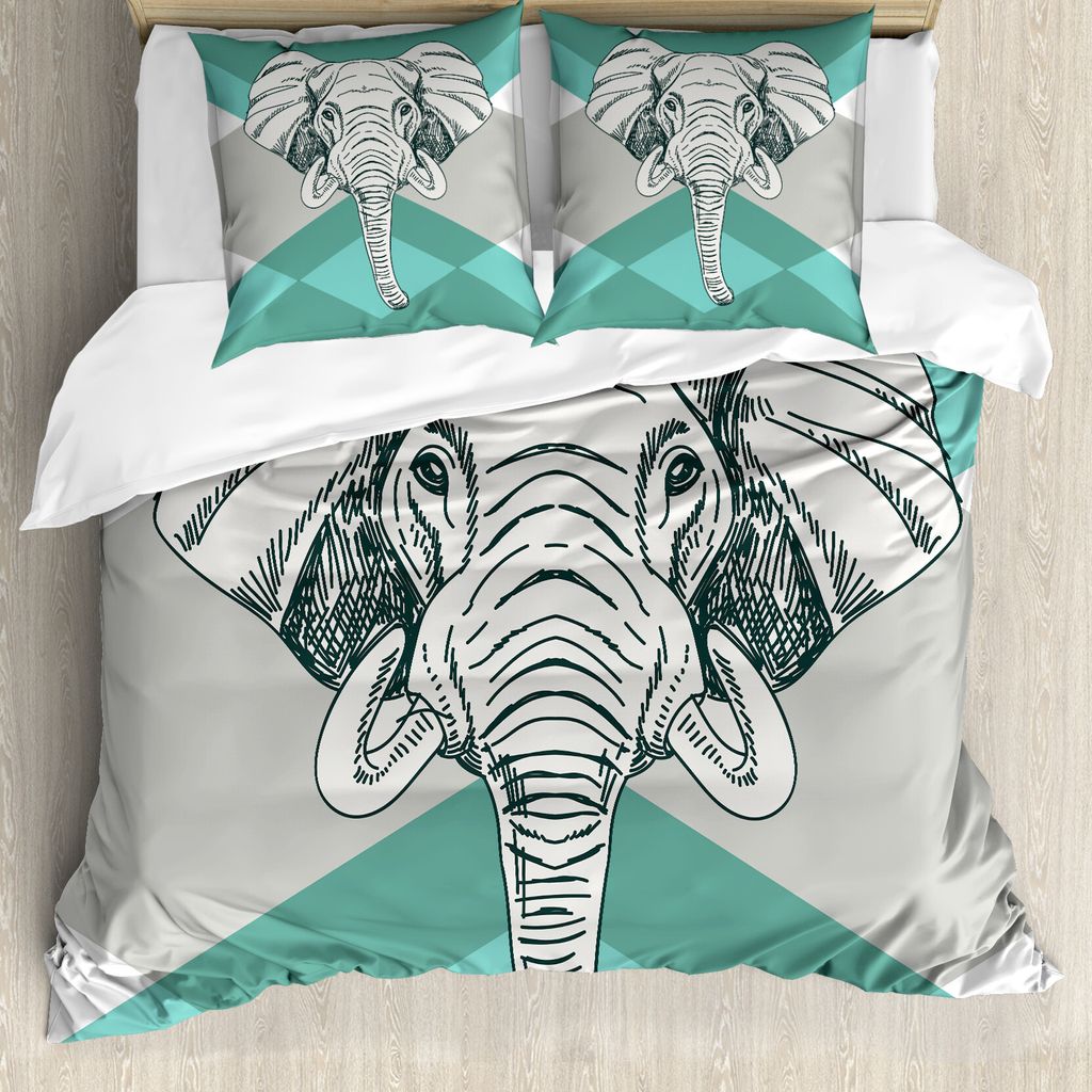 ABAKUHAUS Elefant Bettbezug, Minimalist Boho Elefant, Milbensicher Allergiker geeignet mit Kissenbezügen, 155 cm x 220 cm - 80 x 80 cm, Teal Grau