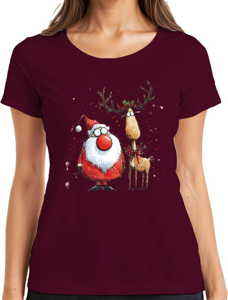 Weihnachtsmann Rentier lustig rote Nase Weihnachten Geschenk Damen T-Shirt, Burgundy, M