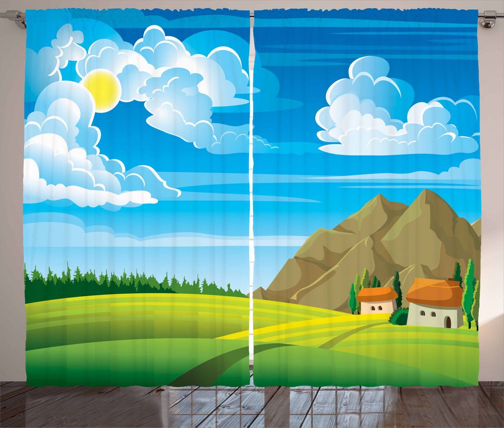 ABAKUHAUS Wolke Rustikaler Vorhang, Baumhaus und Berge, Wohnzimmer Universalband Gardinen mit Schlaufen und Haken, 280 x 245 cm, Mehrfarbig