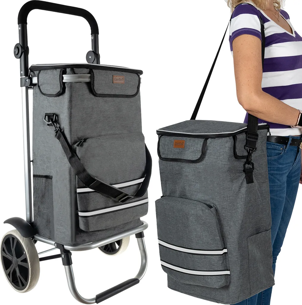 Caddie de course pliable gris avec sac isotherme pour marché et ville