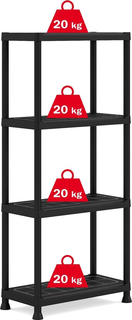 A black plastic shelving unit with four shelves, each with a red weight labeled '20 kg' on it.