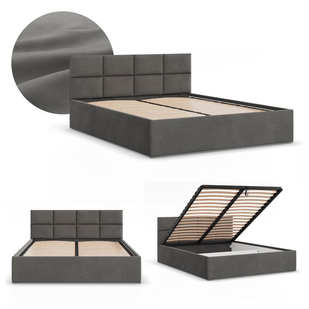 Doppelbett BORGO 180x200 Polsterbett mit Bettkasten & hochklappbarem Metall-Lattenrost, Stauraumbett Dunkelgrau Samt