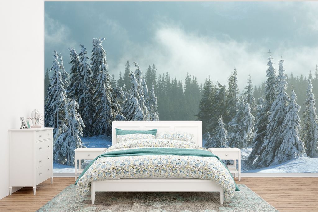 MuchoWow Fototapete für Wohnzimmer oder Schlafzimmer Wandtapete Vinyl Motivtapete Wald - Schnee - Winter - 320x240 cm - Tapeten