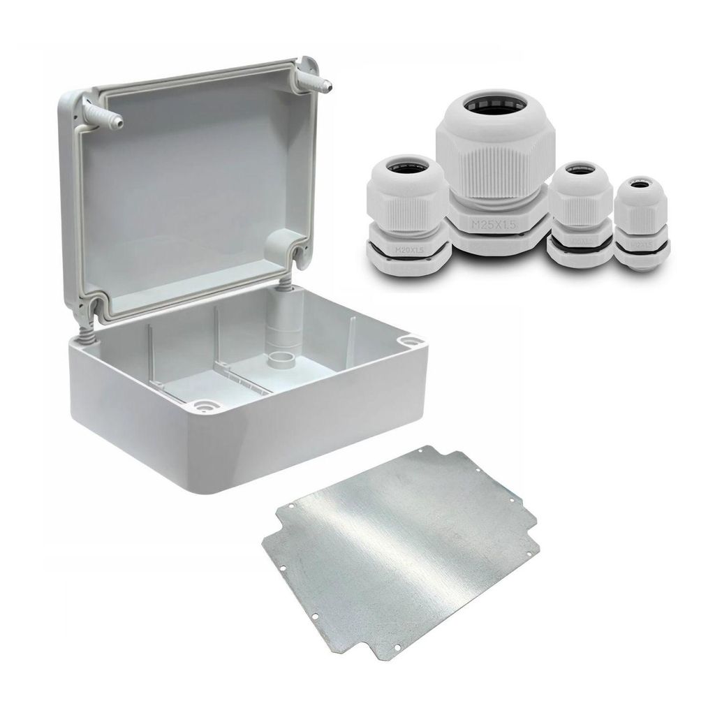ARLI SET: Abzweigdose IP67 Aufputz 310 x 230 x 130 mm inkl. Montageplatte + 40x Kabelverschraubung M12 / M16 / M20 / M25 Set