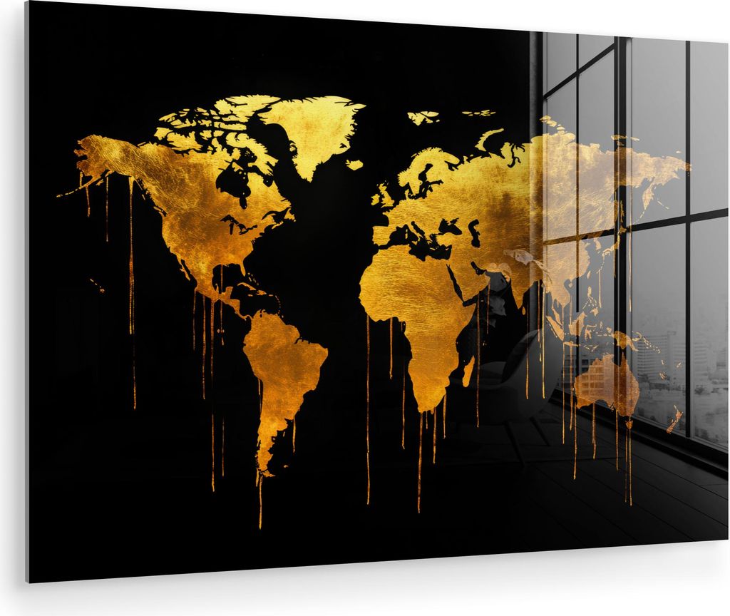 MuchoWow Glasbilder - Bilder auf Wandbild - Foto auf Glas Weltkarte - Gold - Tropfend - Schwarz 60x40 cm Wanddekoration aus Glas - Acrylglasbild - ...