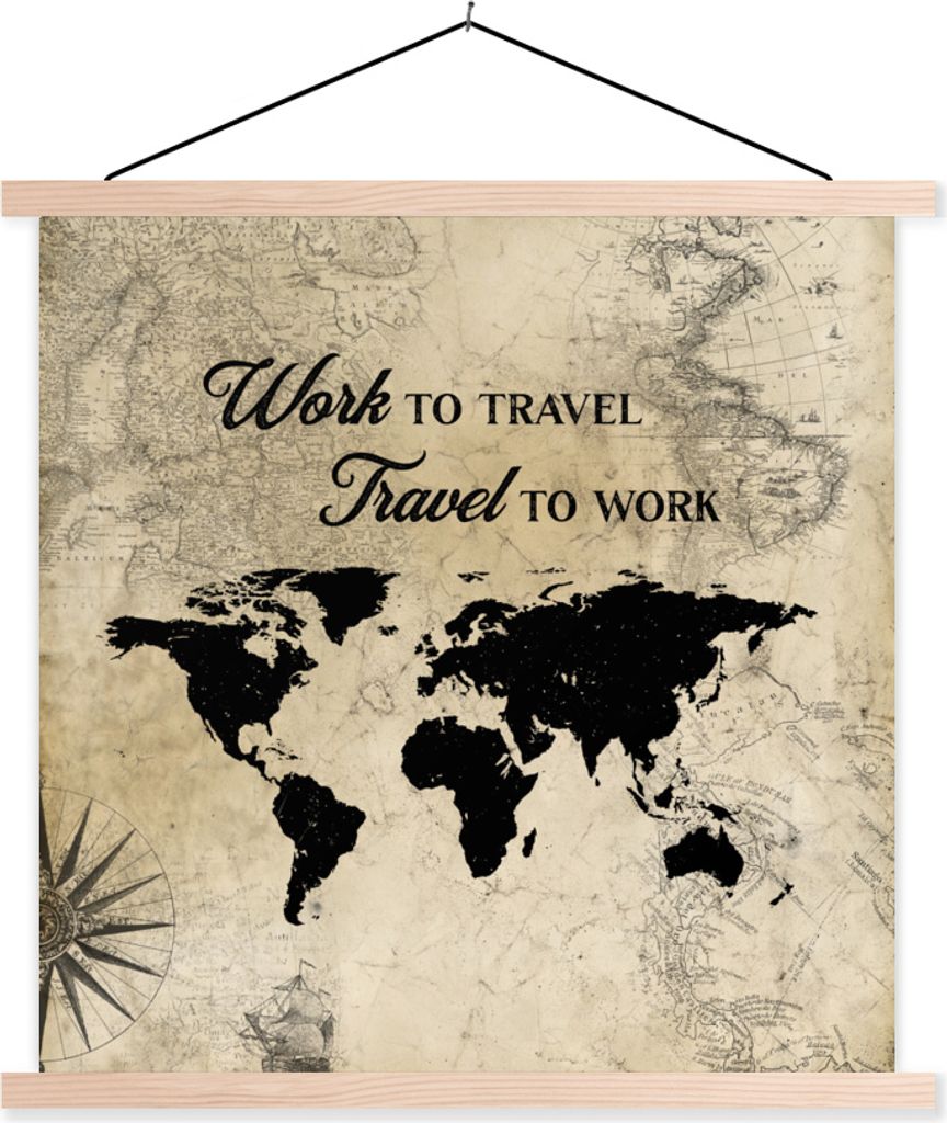 MuchoWow Textilposter Weltkarte - Sprichwörter - Reisen - Vintage 60x60 cm mit holzfarbenen Rahmen - Wanddekoration