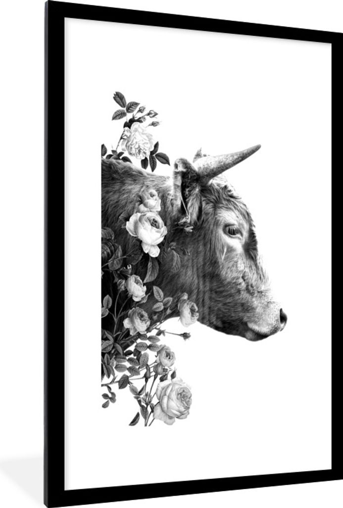 MuchoWow Gerahmtes Poster Seitenansicht eines schottischen Highlanders mit Blumen - schwarz und weiß 60x90 cm - Poster mit Schwarzem Bilderrahme...