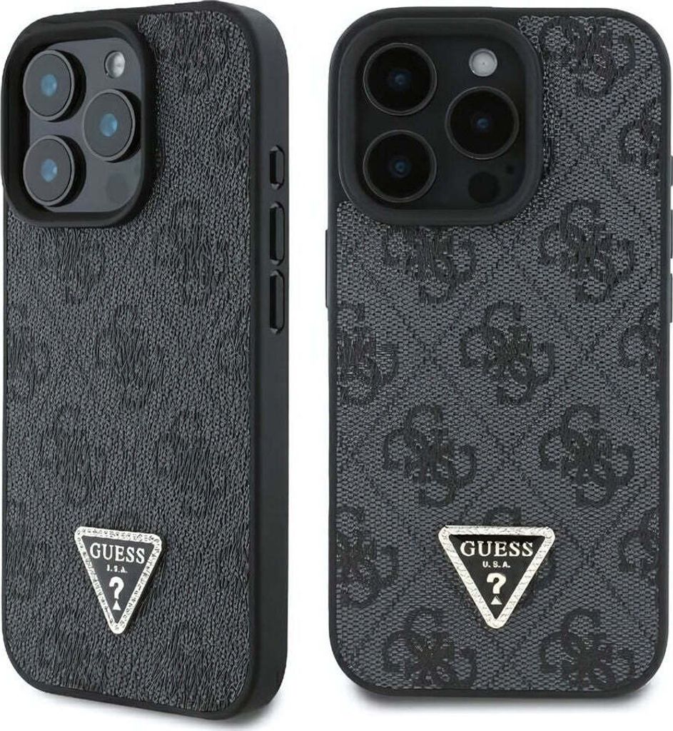 Two views of a black iPhone case with a repeating Guess logo pattern and a triangular Guess logo emblem.