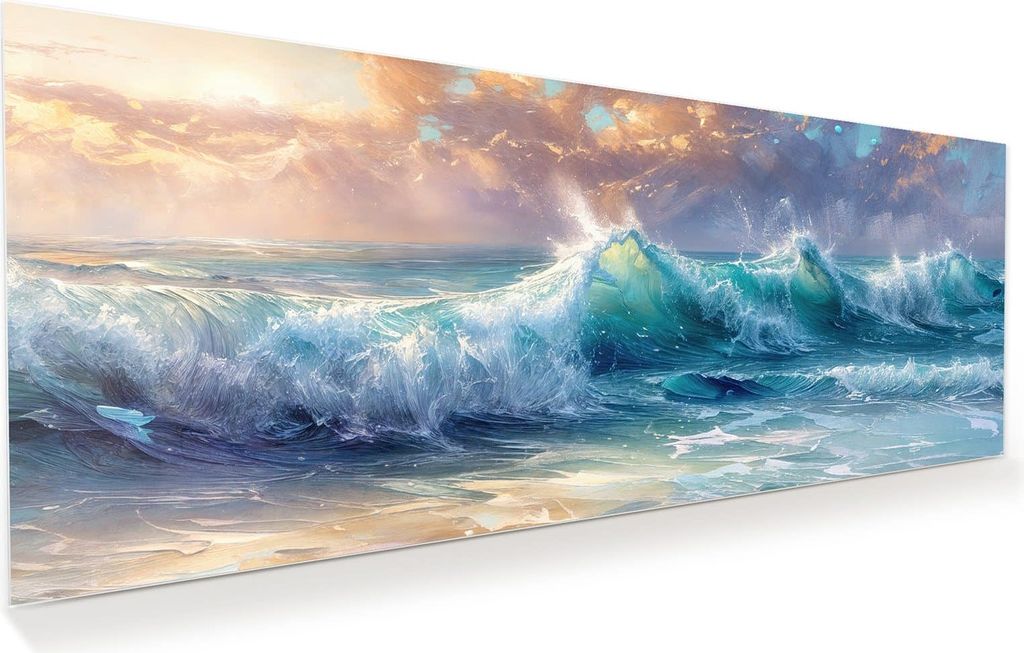 Glasbild 150x60cm in XXL für Wohnzimmer, Schlafzimmer Motiv Ozeanwellen Sonnenaufgang