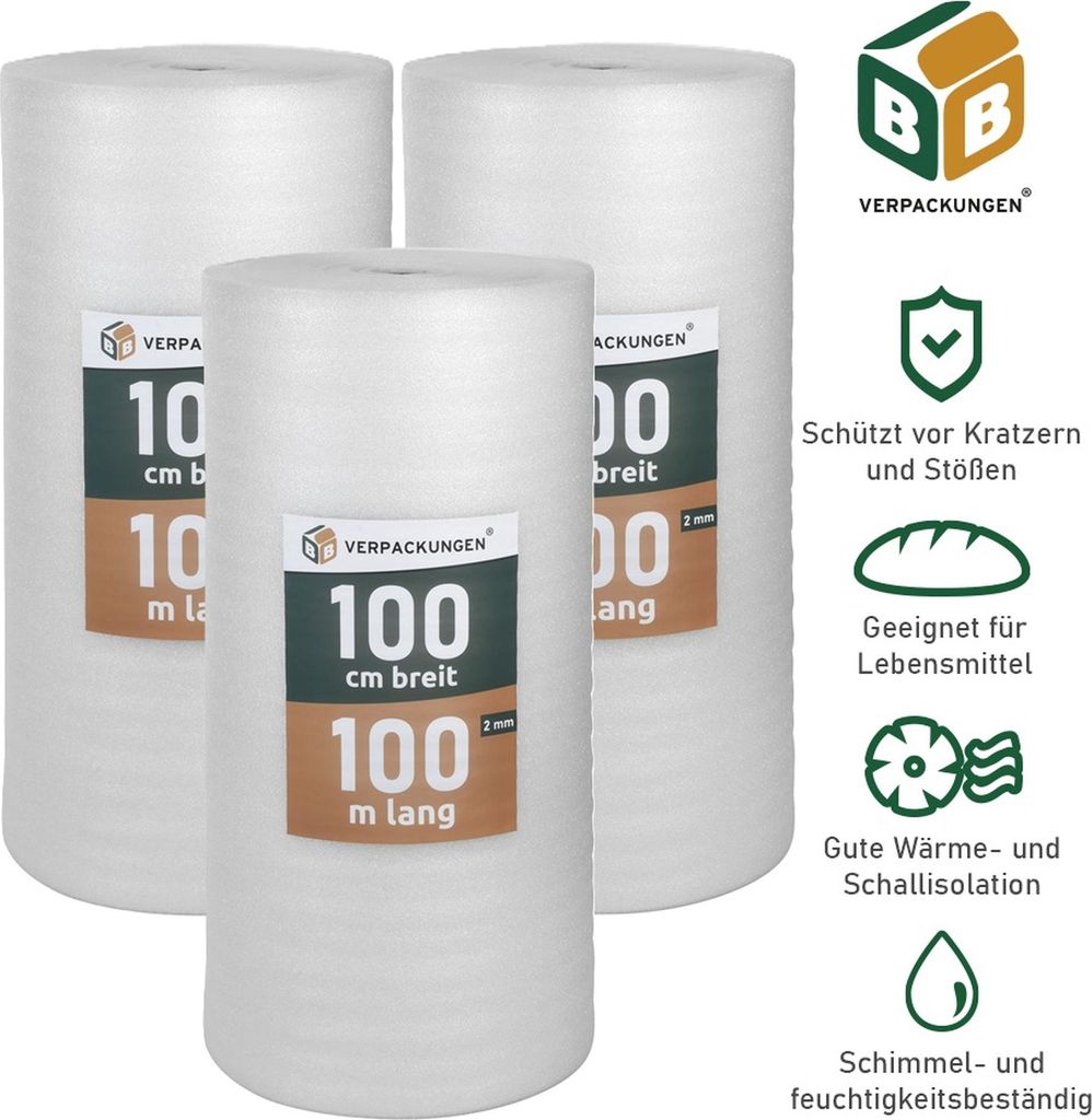 Trittschalldämmung (300 m²) multifunktionale PE-Schaumfolie 2mm für diverse Fußböden und Warmwasserfußbodenheizung Polster BB-Verpackungen