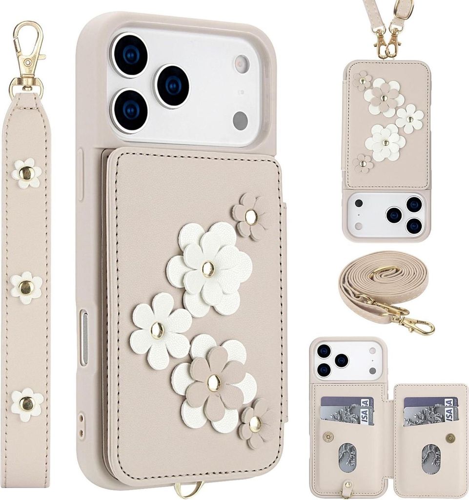 Crossbody Kunstleder Hülle für Apple iPhone 17 Pro mit Blumenmotiv & Kartenfach Weiß