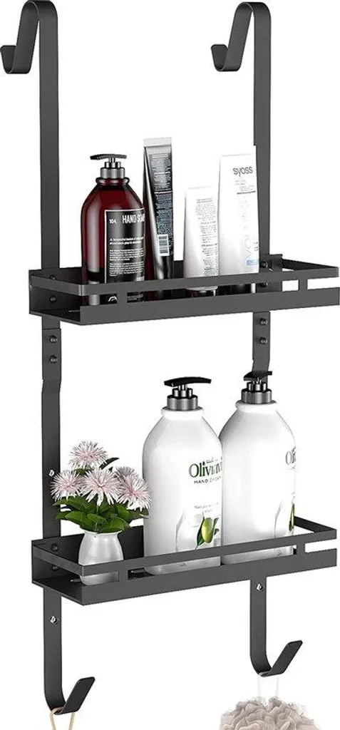Rangement de douche inox noir pour shampoing et savon avec 2 crochets fixes