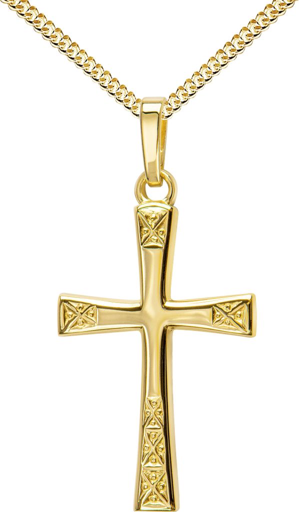 Goldkreuz Kreuz-Anhänger mit Panzer-Kette vergoldet für Damen, Herren und Kinder in hochglanz poliert mit Ornamentverzierungen als Kettenanhänge...