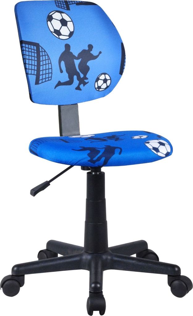 A blue children's desk chair with a soccer theme.