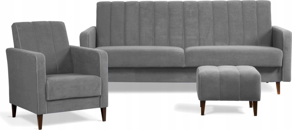 Sofagarnitur - Sofa Set - Grau - Sofa mit Schlaffunktion - Wohnzimmer Set - Sessel mit Hocker - 3 Sitzer Sofa - Couch Ausziehbar - DELTA