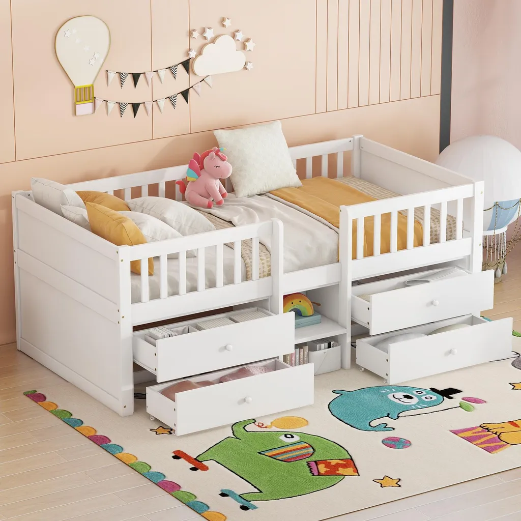 Lit Gain de Place 90x200 cm Blanc avec Rangement Massif pour Petite Chambre