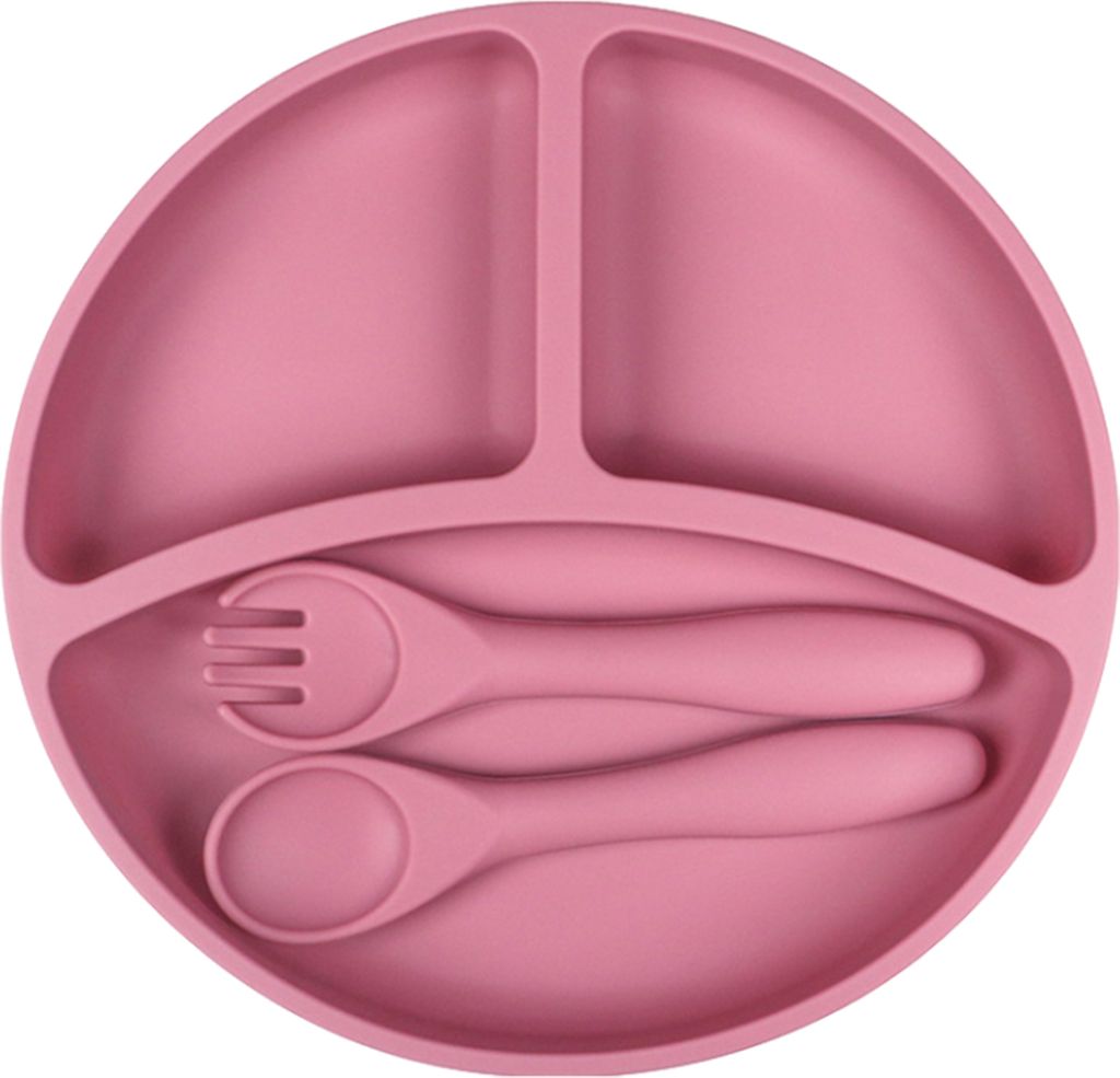 Baby-Fütterungsset aus Silikon, unterteilter Saugnapfteller mit Löffel und Gabeln für Kleinkinder, BPA-frei, selbstständiges Essen, babygeführ...