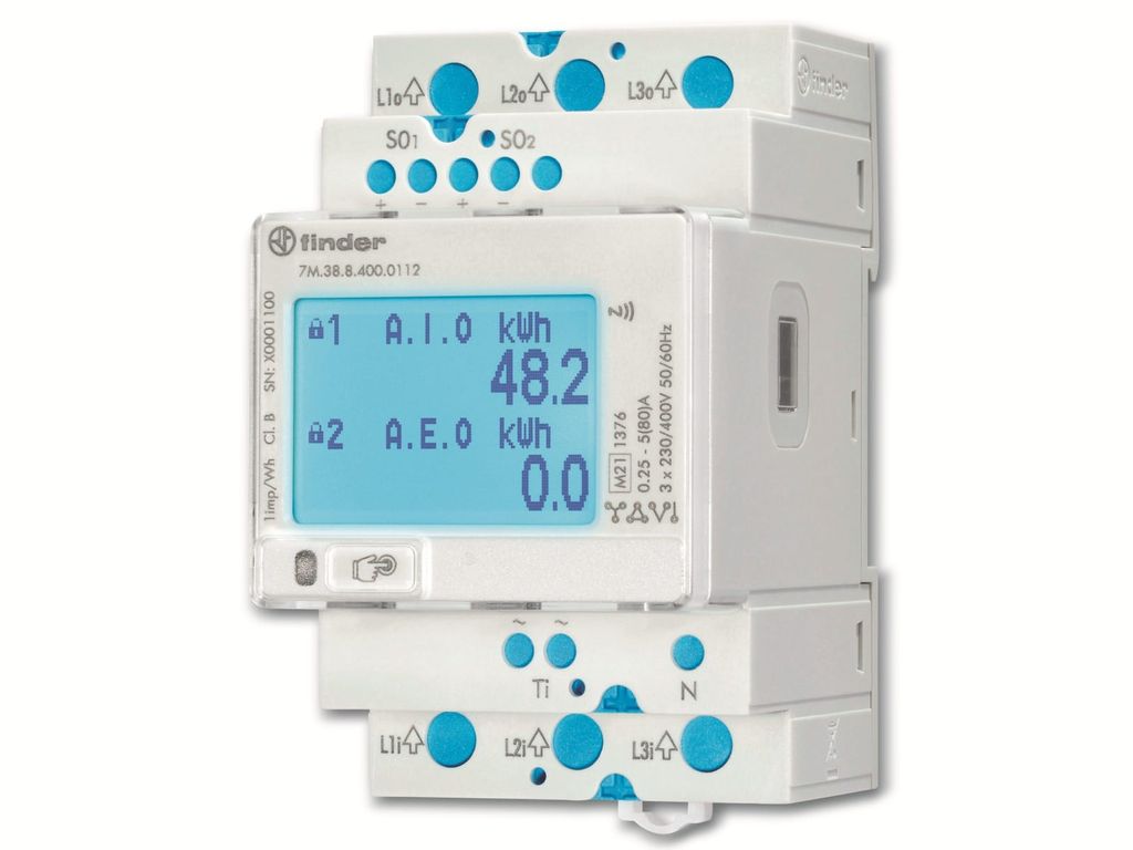 Finder Multifunktions-Energiezähler, LCD, 2 x S0, IR, NFC, MID, 1 Stk.