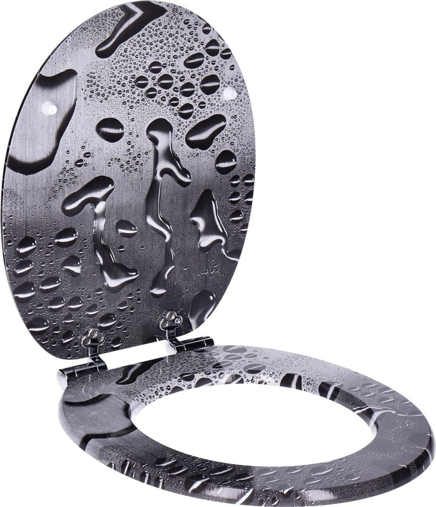 A toilet seat and lid with a water droplet pattern, shown open against a white background.