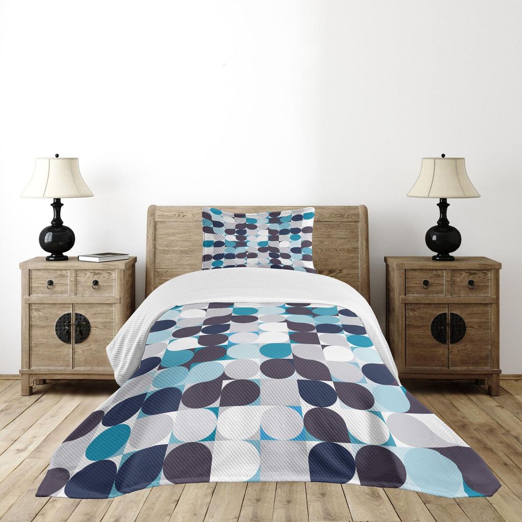 ABAKUHAUS Abstrakt Tagesdecke Set, Retro Inner Circles Pattern mit Quadrate Mosaik Style Old Fashion Print, 170 x 220 cm, Grau Teal Weiß Braun