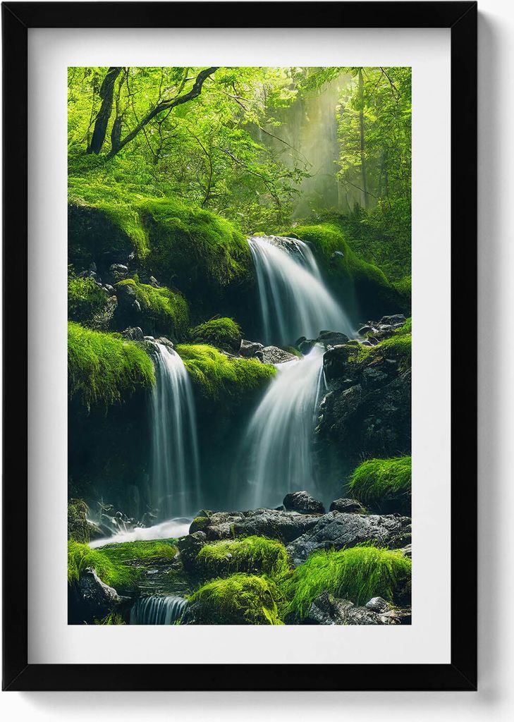 Wasserfälle in der Mitte des Waldes– Wandbild mit Rahmen – Gerahmtes Bild – Wanddekoration – 40x60 cm – Schwarz