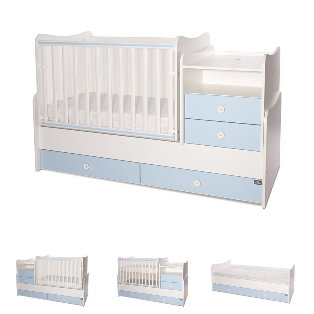 Lorelli Baby- Jugendbett Combo umbaubar 2 Kinder gleichzeitig Schaukelfunktion weiß blau