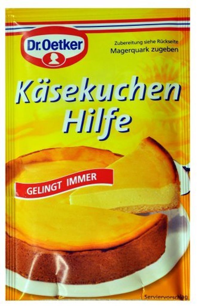 A package of Dr. Oetker Käsekuchen Hilfe (Cheesecake Helper) with an image of a cheesecake.