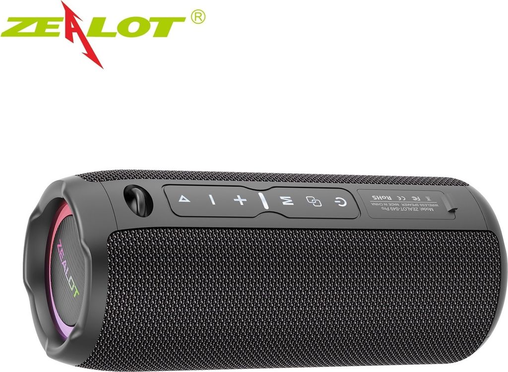 A black portable Bluetooth speaker with colorful LED lighting on the side and control buttons on top.