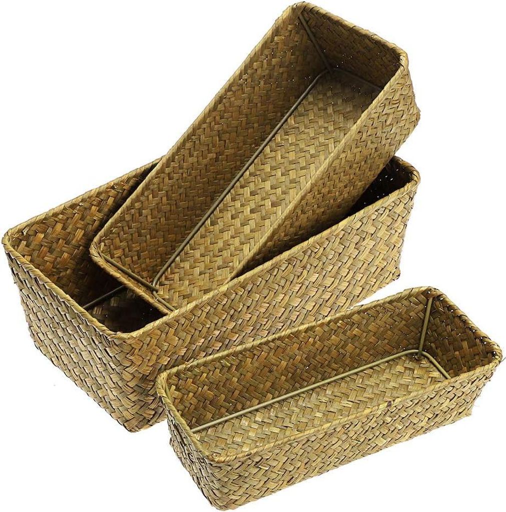 Aufbewahrungskorb Set aus 3 - Geflochtener Seegras Desktop Korb - Rechteckige Organizer Box - Regal- & Schreibtisch Dekorativer Korb - Sonnenliegen...