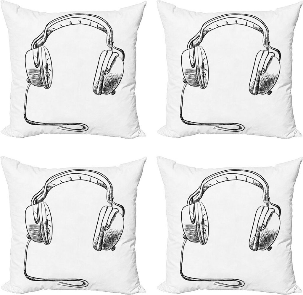 ABAKUHAUS Musik Kissenbezug Set (4 Stück), Flüchtige DJ-Kopfhörer, Moderner Doppelseitiger Digitaldruck, 40 cm x 40 cm, Schwarz-Weiss
