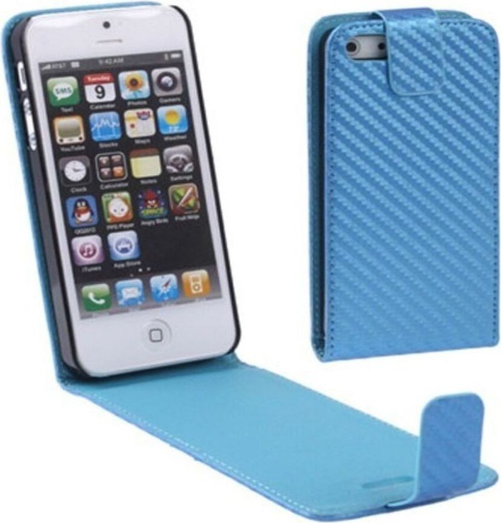Handy Tasche Flip dünn Carbon look für Case Handy iPhone SE Hellblau